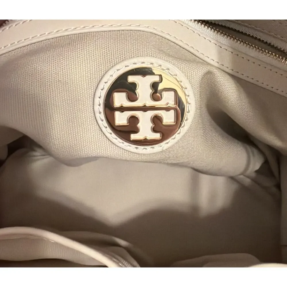 Tory Burch Gwendolyn Straw Bucket Tote Ivory Gray Leather Crossbody Bag